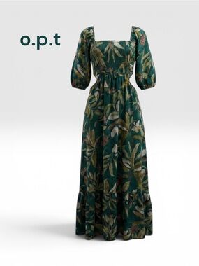 o.p.t Jungle Cut Out Linen Blend ADELINE Maxi Dress Green Tropical Size XL GUC